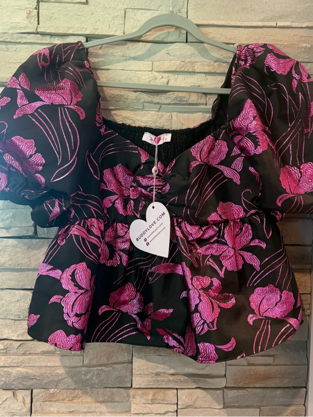 Buddy Love Womens Medium Blakely Metallic Jacquard Floral Black Purple Shirt NWT